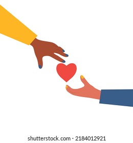 Two hands with heart, Love and Care, Support concept, Giving help, Helping hands, Hand reaching out for help, Give a hand, Friendship concept flat vector isolated on white background, Blue and yellow