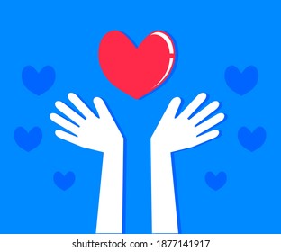 Two hands and a heart on a blue background. Symbol. Vector illustration.