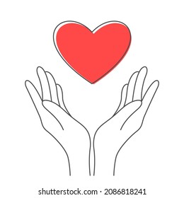 Two hands with heart. Red heart in two hands on white background. Illustration of kindness, love and care.