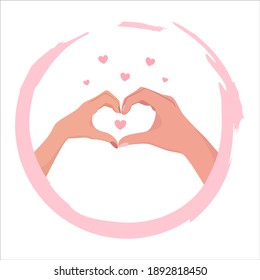Two hands in heart shape. Female and male hands show a gesture of love, romance and friendship. Female and male hands show a gesture of love, romance and friendship. Vector illustration in flat style