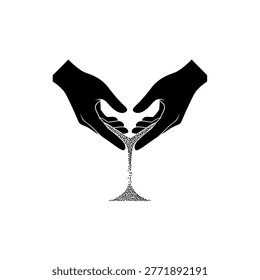 Two hands in a heart shape pouring sand into a martini glass, symbolizing time passing or precious moments.
