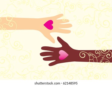 Two hands with hearts white and brown skin  friendship and love vector illustration