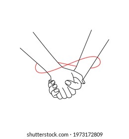 two hands held together with red thread. the concept of romantic relationships, support, help, make a promise, for memory, reconciling or just hold on to each other. simple sign for web, print