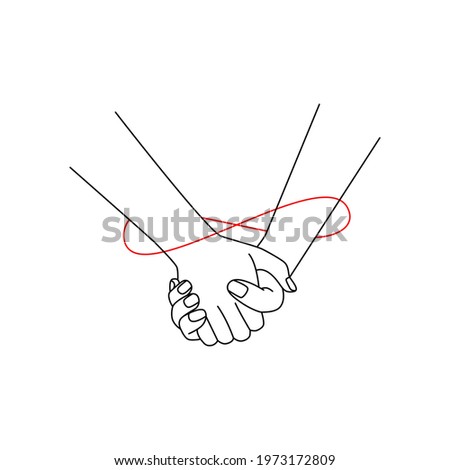 two hands held together with red thread. the concept of romantic relationships, support, help, make a promise, for memory, reconciling or just hold on to each other. simple sign for web, print