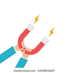 Two hands hold an attracting magnet. Vector illustration.