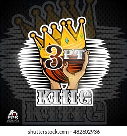 Two hands hold basketball ball with golden crown and three-point. Vector sport logo for competition