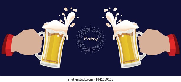 Two hands hold beer glasses. Beer party.