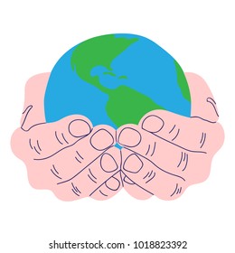Two hands hold a blue planet earth. Symbol of respect for nature and environment. Earth hour, ecology day concept for postcard. Vector illustration in flat style isolated on white background. 