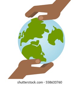 Two hands hold a blue planet earth. Symbol of respect for nature and environment. Flat vector cartoon illustration. Objects isolated on a white background.