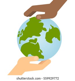 Two hands hold a blue planet earth. Symbol of respect for nature and environment. Flat vector cartoon illustration. Objects isolated on a white background.