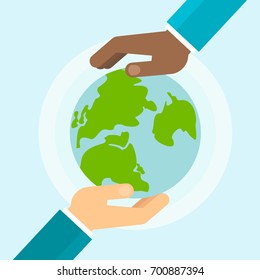 Two hands hold a blue planet earth. Symbol of respect for nature and environment. Flat vector cartoon illustration. Objects isolated on a white background.