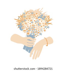 Two hands hold a bouquet of wildflowers isolated on a white background. Group flowers of daisies, cornflowers, wheat is a symbol of summer mood. Card for birthday, mother's day. Vector illustration