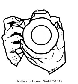 Duas mãos seguram uma câmera, de frente para o espectador, em um estilo de arte de linha simples.

