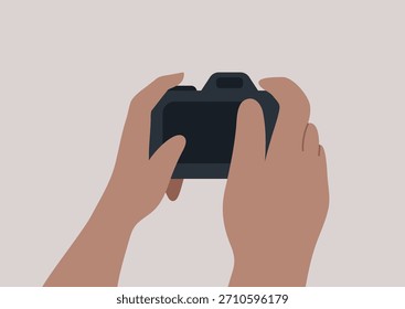 Zwei Hände halten eine Kamera, bereit, Bilder zu schießen und die Schönheit der Umgebung zu umarmen, reflektiert eine Liebe für die Erfassung von Erinnerungen und Erfahrungen