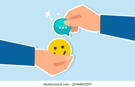 Dos manos sostienen un diálogo de chat y otras sostienen un emoticono sonriente, con la intención de intercambiar, ilustración de ganar un compromiso positivo para el rendimiento en una presentación de concepto de negocio