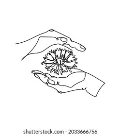 Two hands hold cornflower one line art. Continuous line drawing of gesture, hand and flower.