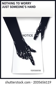 Two hands hold documents for your signature. Black and white minimal illustration. Vector template