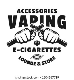 Two hands hold electronic cigarettes for vaping vector monochrome emblem, badge, label or logo isolated on white background