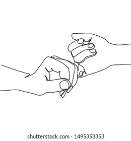 Two hands hold fingers together continuous line drawing, together, relationship, tattoo, print for clothes and logo design, silhouette one single line on a white background, isolated vector.