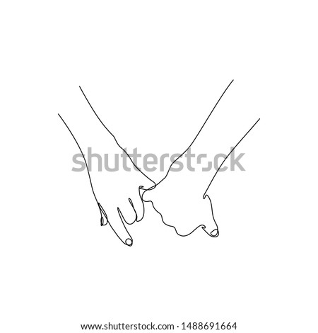 Two hands hold fingers together continuous line drawing, together, relationship, tattoo, print for clothes and logo design, silhouette one single line on a white background, isolated vector.