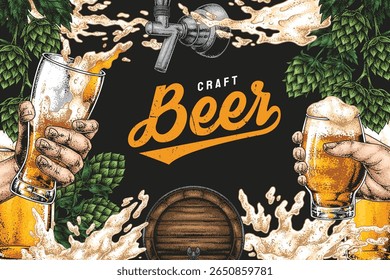 Two hands hold frosty glasses of craft beer surrounded by hops and streams of beer. A wooden barrel in the background adds to the brewing atmosphere and celebration of unique flavors.