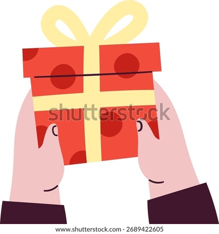 Two hands hold a gift box with a bow in a flat style. A present wrapped with ribbon is grasped by fingers in a simple drawing. Cartoon vector illustration.