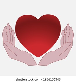 Two hands hold or give a red heart.  Heart in hand.  Give love.  Vector illustration.