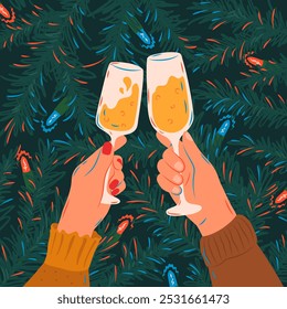 Two hands hold glasses of champagne. Man and woman clink glasses for festive toast or cheers against background of fir tree branches and lights. Holiday vintage vector design for poster, card, banner