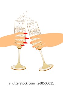 Two hands hold glasses of champagne. A man and a woman clink glasses of wine. Family celebration. Meeting of friends. Holiday with alcohol. Beautiful graphic postcard for printing