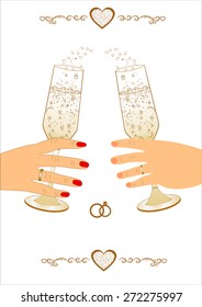 Two hands hold glasses of champagne. A man and a woman clink glasses of wine. Family celebration. Meeting of friends. Holiday with alcohol. Beautiful graphic illustration  card for printing