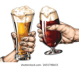 Two hands hold glasses filled with different types of beer one light and the other dark. The atmosphere reflects celebration and camaraderie among friends enjoying drinks together.