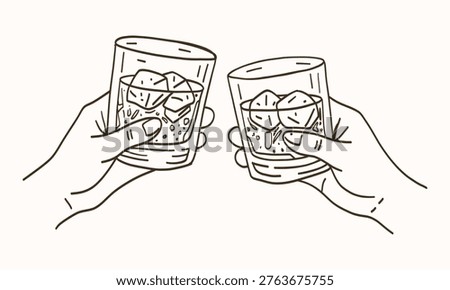 Two hands hold glasses with ice and liquid. Hands clink glasses in a toast gesture. Simple lines define the drink and ice cubes. No faces or emotions are visible. Ideal for celebrations