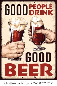 Two hands hold glasses of rich frothy beer in a warm inviting bar setting. Laughter and conversation fill the atmosphere enhancing the experience of social camaraderie.