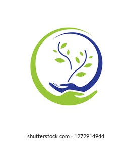 Two hands hold a green sprout, conservation of nature and ecology. Logo, sign, symbol in smooth lines