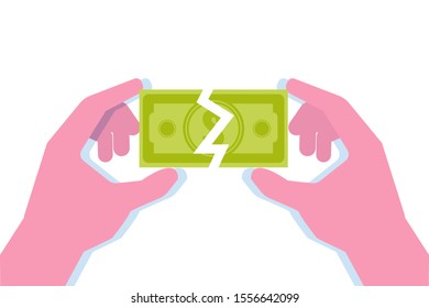 Two hands hold half of paper money bill. Divide money concept, share profits. Vector illustration.