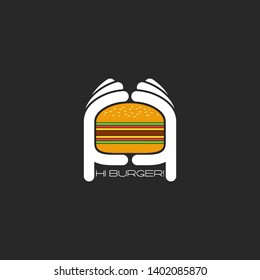 Two hands hold a hamburger logo, burger fastfood restaurant flat emblem