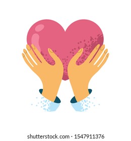 Two hands hold a heart drawn by hand in a modern style. The concept of the banner is about the feeling of love and the desire to give your care. Valentine's day card. Cute cartton vector illustration