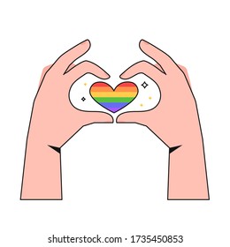 Two hands hold heart in lgbt flag colors. Concept of lgbt pride, lgbtq, freedom of choice equality, rights, lesbian, gay, bisexual, transgender love and homosexuality t-shirt print, emblem or logo.