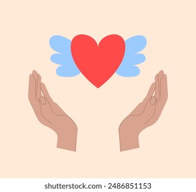 Dos manos sostienen la Ilustración vectorial del corazón. Cuidado, protección, Asistencia, solidaridad, concepto de amor.