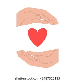 Dos manos sostienen la Ilustración vectorial del corazón. Cuidado, protección, Asistencia, concepto de solidaridad