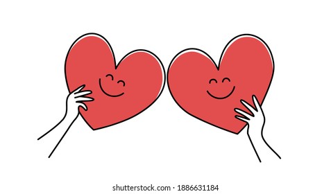 Two hands hold hearts. Love, romantic relationship concept. Hand drawn vector illustration.