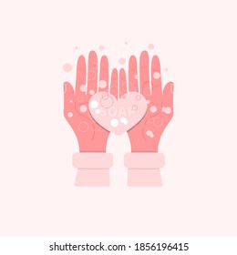 Two hands hold a heart-shaped soap with soap bubbles. Vector illustration, flat cartoon, isolated on white background, eps 10. Concept: coronavirus prevention, washing hands, personal hygiene.