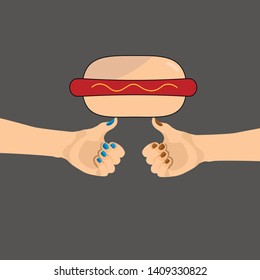 Two hands hold hot dog with two thumbs. Vector .