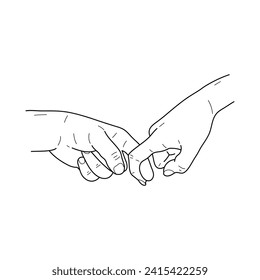 Two hands hold the index fingers. Hands of couple in love. Simple sketch isolated on white. Vector.