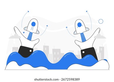 Duas mãos seguram e lançam foguetes no céu. Os conceitos de inovação, concorrência e alcançar metas dentro da empresa ou start-up. Nuvens aumentam o movimento ascendente. Ilustração vetorial.