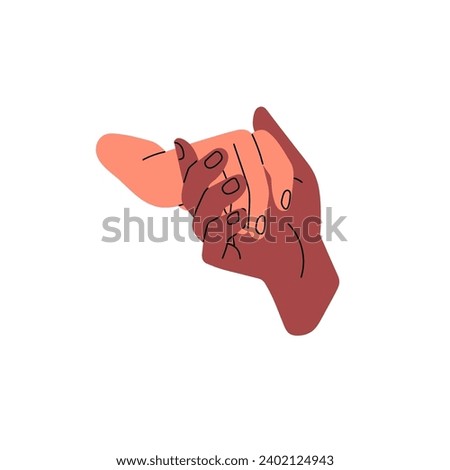 Two hands hold with love, support, soft. Palms touch with gentle, care. Interracial warm relationship concept. Lovers partners, lady and gentleman together. Flat isolated vector illustration on white