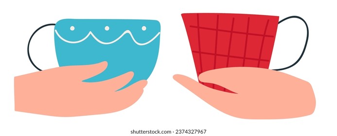Two hands hold mugs. Drink coffee. Vector design illustration on white background.