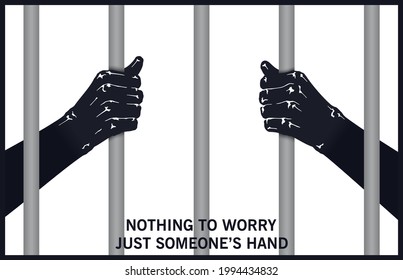 Two hands hold on to the prison bars. Black and white minimal illustration. Vector template