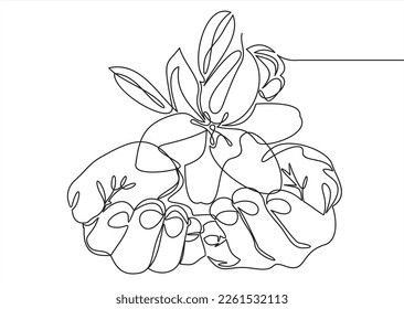 Two hands hold orchid one line art. Continuous line drawing of gesture, hand and flower.