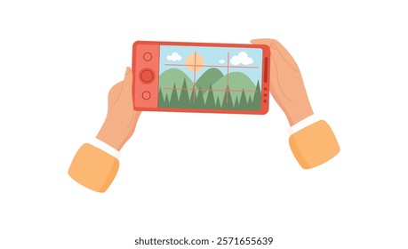 Two hands hold a phone with an open camera app. The mobile device captures a photo, showcasing digital media. This simple action reflects user engagement in social media. Ideal for communication,